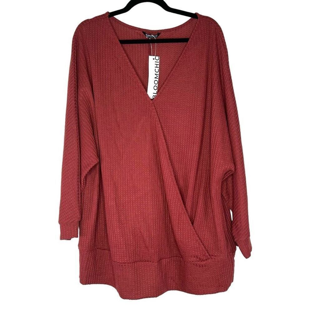NEW Bloomchic Solid Waffle Knit Wrap Long Sleeve T-shirt Russet 3X - Picture 4 of 9